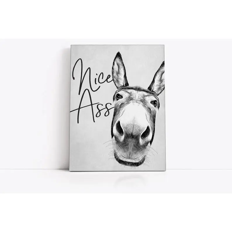 Funny Donkey Bathroom Wall Artwork, Nice Ass Toilet Humor Wood Framed Print, Hanging Canvas Decor Sign