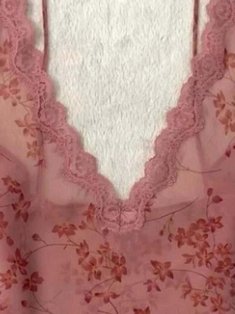 French See Through Sexy Suspender Top Women New Vintage V-neck Lace Vest Hot Girl Print Casual High Street Camis 2000s Outfits