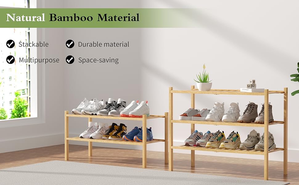 3 Tier Bamboo Shoe Rack for Closet Free Standing Wood Shoe Shelf Storage Organizer for Entryway Small Space Stackable 27"x11"x20" (Natural)