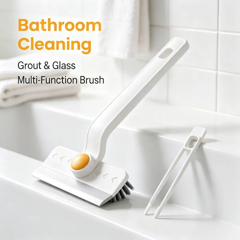4 in 1 Rotatable Household Cleaning Brush,V‑Shape Grout Brush with Squeegee,Scraper & Tweezers,for Bathroom Tile,Shower Glass & Kitchen Counter