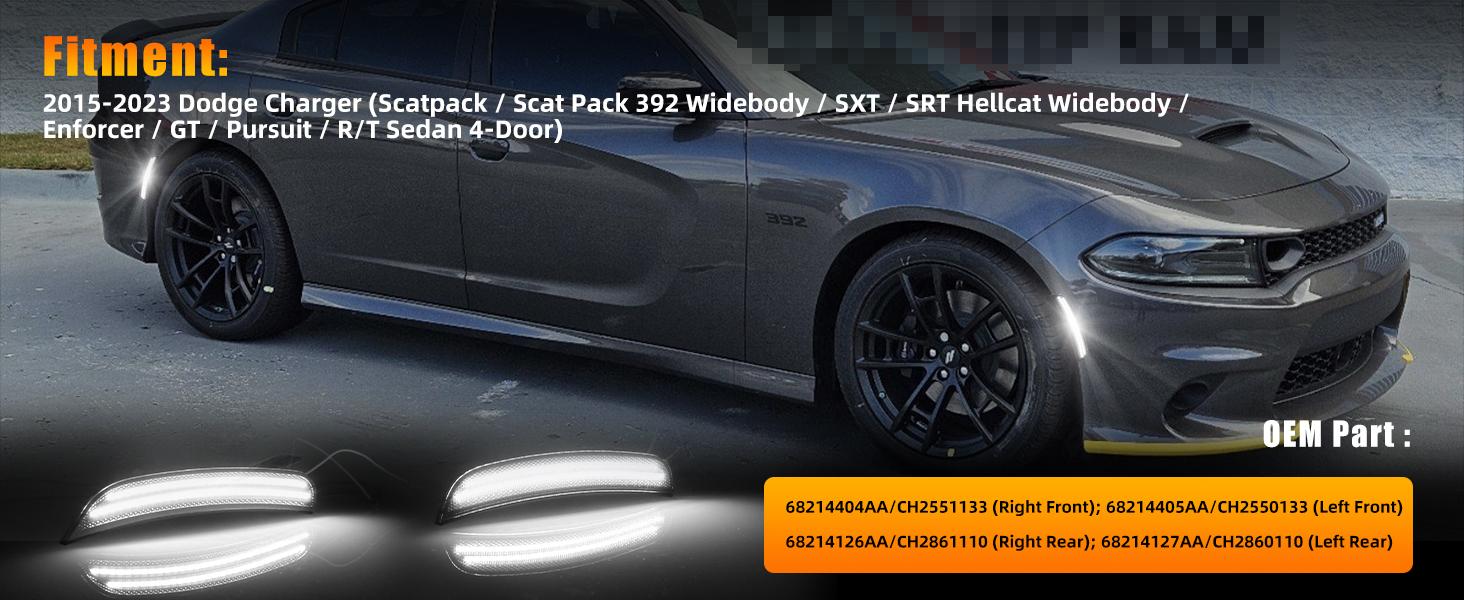 SUNDAY MIRTH Front & Rear Fender LED Side Marker Lights for Dodge Charger RT 2015-2023, [SUPER BRIGHT] 2-Row Lamp Beads Smoked Lens Side Bumper Marker Lamps, White LED Side Marker Turn Signal Lights, 4 PCS