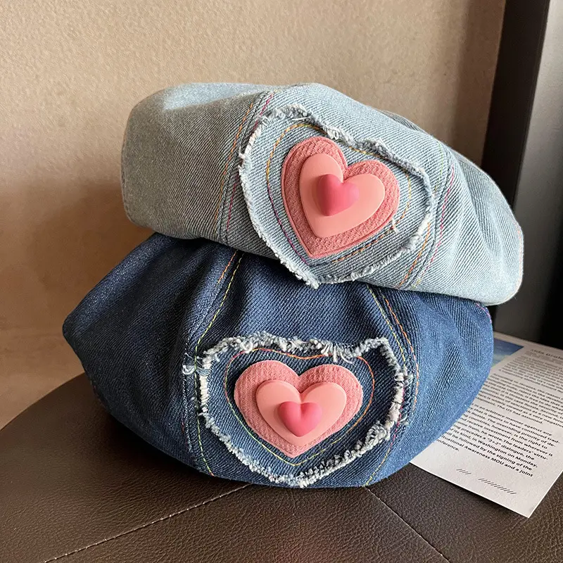 Heart Print Denim Beret Hat For Women Soft Cotton Cap Casual Outdoor Hats Girls Daily Cap Cute Beret Cap Fashion Headwear Autumn Winter Gift For Friends