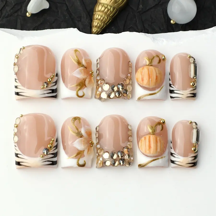 10pcs Press-On Nails Set, Handmade Acrylic Nail Tips, Short Square Shape, Zebra French Manicure, Gold Flowers, 3D Pumpkin, Party Wear, Gift for Women