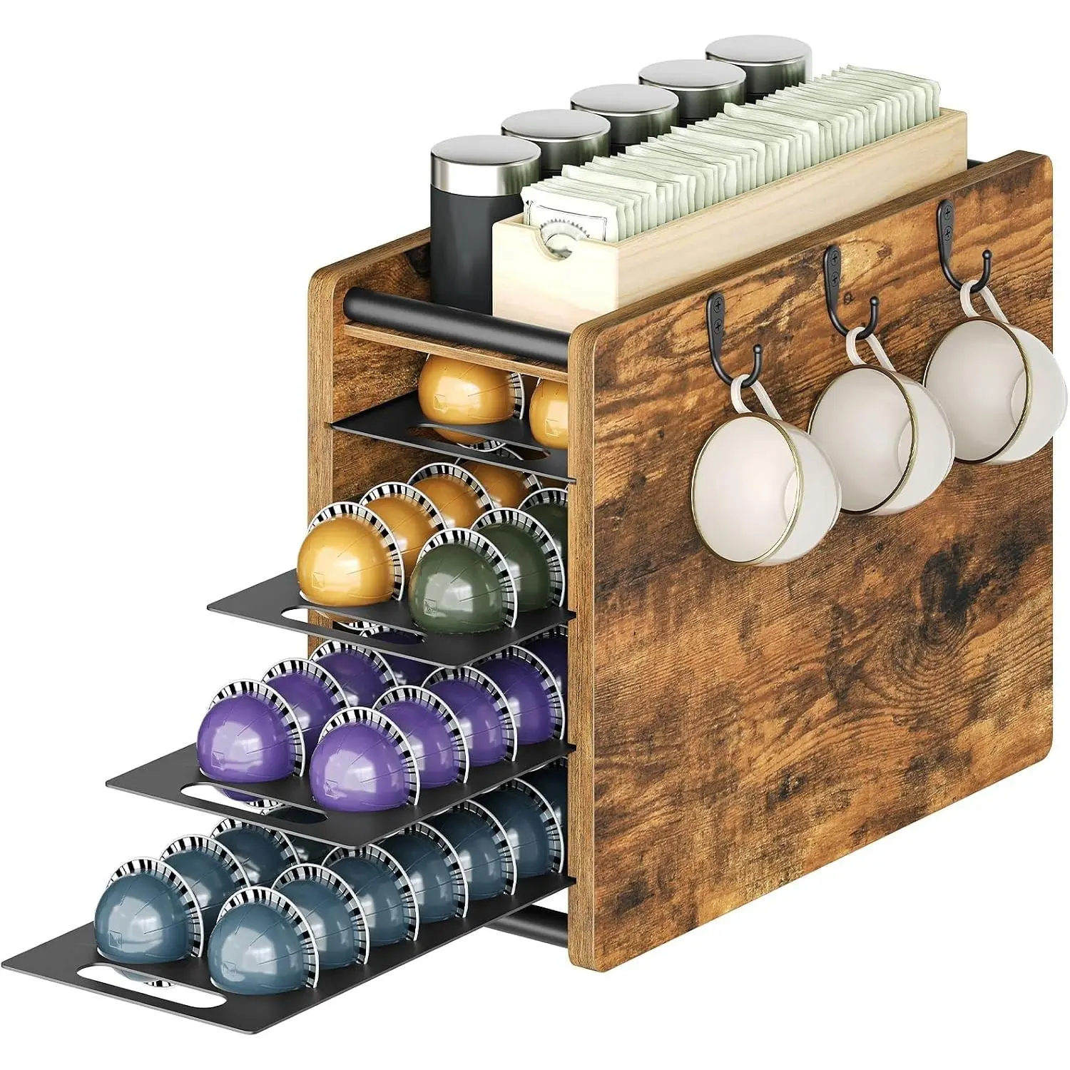 Coffee Pod Drawer Holder, 72 Pods Large Capacity, 4 Tier Holder for Vertuo, Coffee Pod Organizer for Countertop, Storage Rack for Nespresso Vertuo Pods, Space Saving, Rustic Brown KH06BR