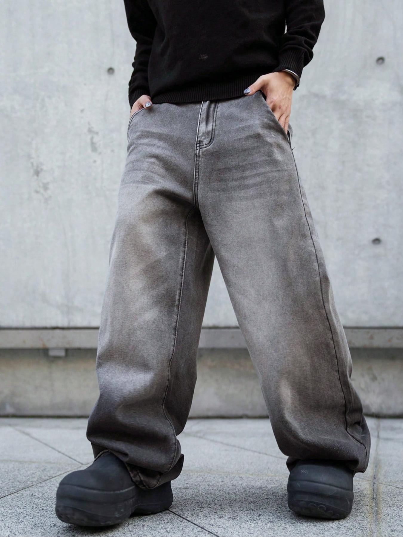 Men's Stylish Loose Wide Leg Denim Streetwear Pants, Side Pockets Denim Trousers for Daily Wear, Casual Street Wear Pocket Design Jeans for All Seasons