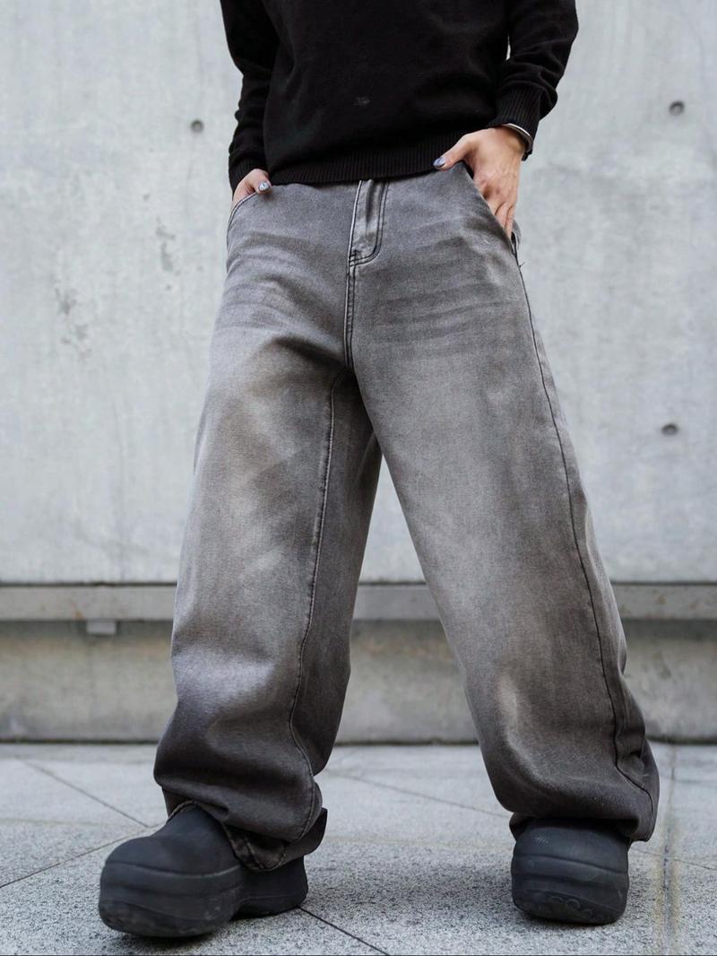 Men's Stylish Loose Wide Leg Denim Streetwear Pants, Side Pockets Denim Trousers for Daily Wear, Casual Street Wear Jeans for All Seasons