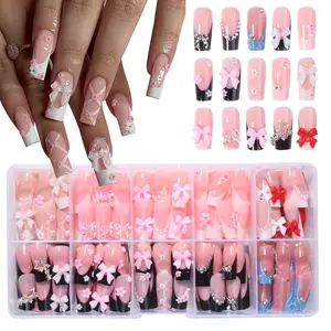 240 Medium Square Press-On Nails, 3D Gel Petal Design, & French Tips, Pearl & Bead Accents, Perfect for Daily Use & Parties, Decorative Nails