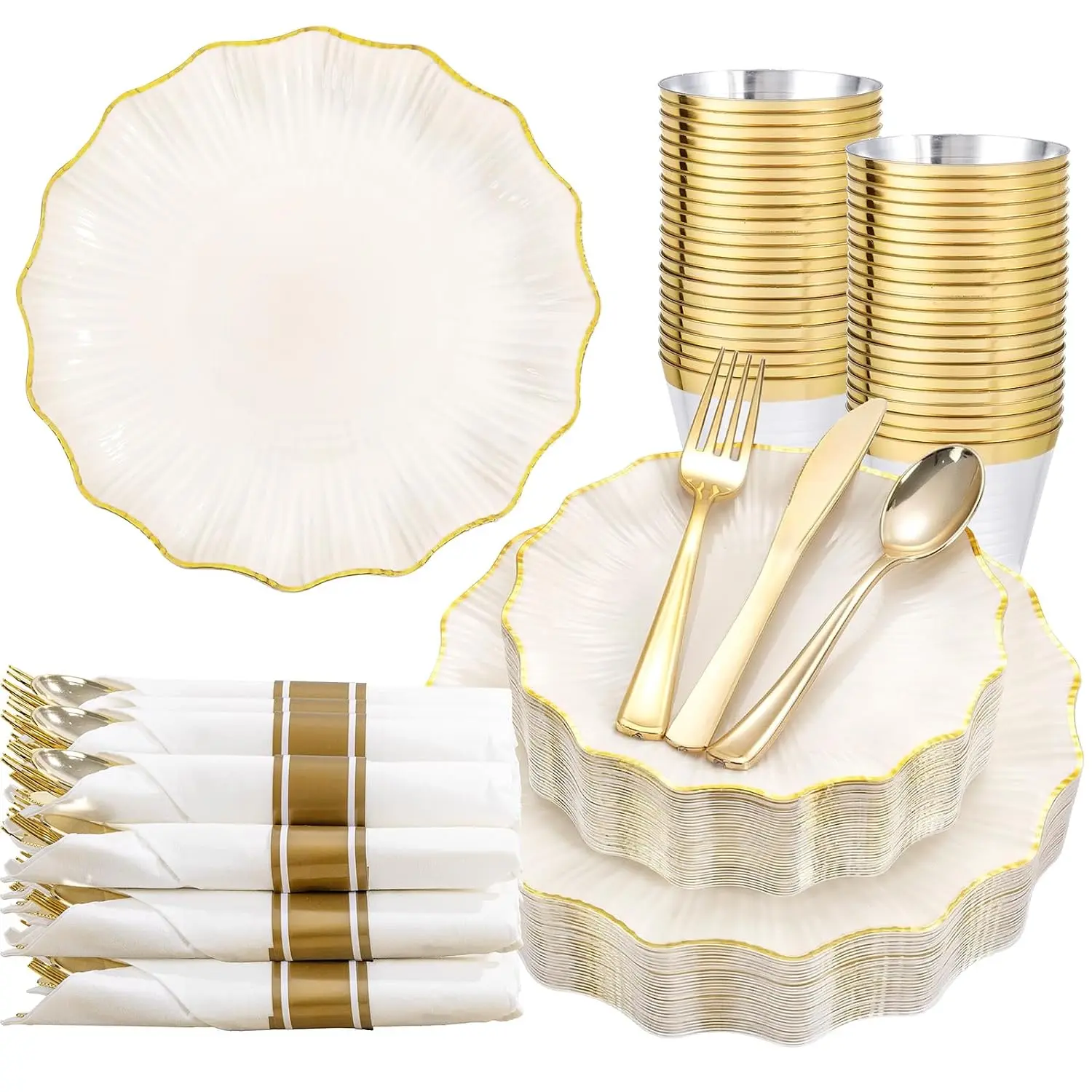175PCS Ivory Gold Plastic Plates - Disposable Dinnerware Set