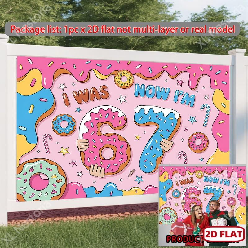 2D Flat, 2D Flat Banner, 1pc Donut-themed Birthday Card with Numbers "67" Background Cloth Decoration, Art Decoration, Suitable for Gifts, Parties, Living Rooms, Apartments, Bedrooms, Dormitories, Home Decorati
