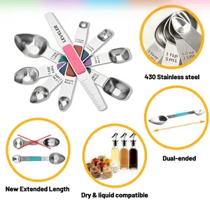 5 Piece Magnetic Measuring Spoons Set, Includes Leveler, 8 Sizes, Non-Slip Silicone Handle, Laser Engraved Durable Scales, Kitchen Tool