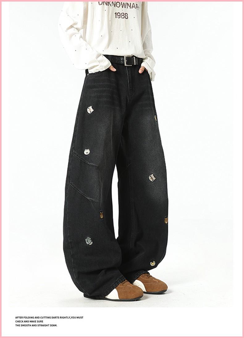American High Street Trendy Brand Cartoon Embroidered Versatile Distressed Scimitar Pants Wide Leg Pants Straight Jeans