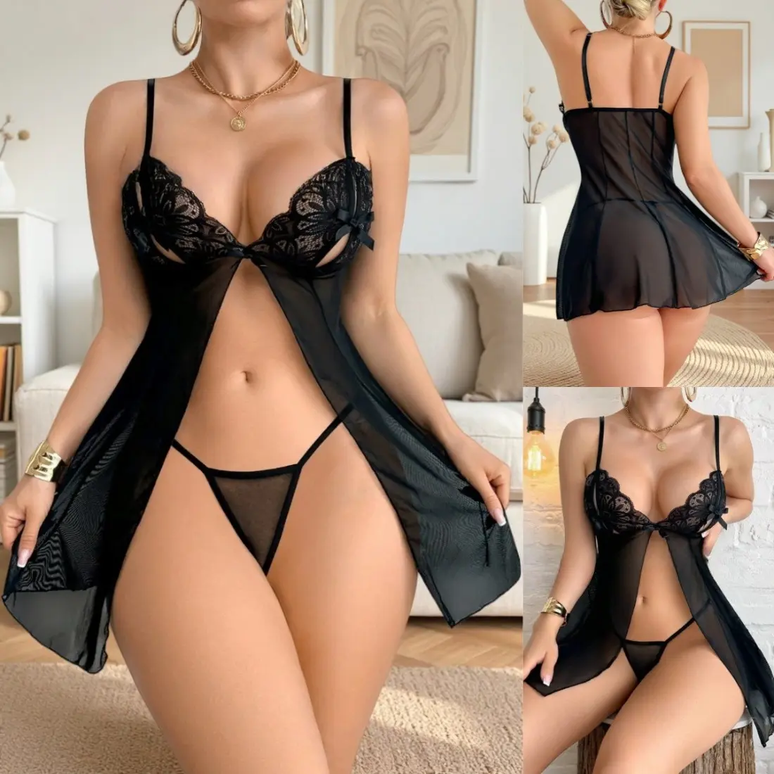 Women's Lace Babydoll Chemise Nightgown, Deep V Sleeveless Sleep Dress with Side Slit & Adjustable Straps, Soft Mesh Floral Lace Lingerie, Lightweight Bridal Sleepwear for Honeymoon, Valentine's Day, Anniversary & Romantic Evenings