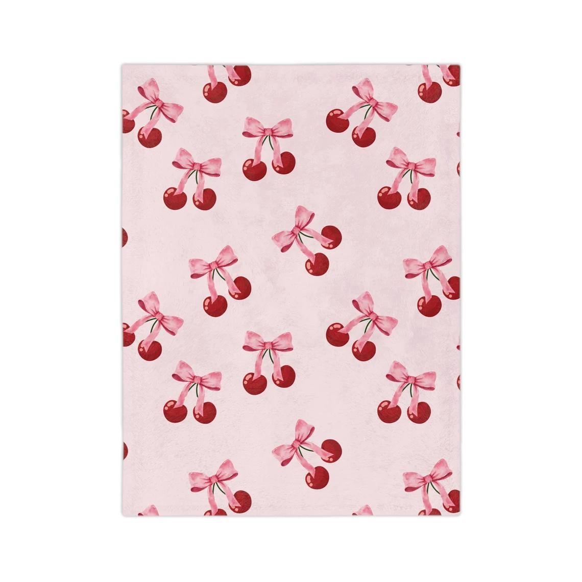 Soft Minky Plush Blanket with Cherry & Pink Bow Design, Coquette Style, , All-Season Use, Machine Washable, Contemporary Home Decor, Perfect Gift for Her, Throw Contemporary Style Quilted Texture-280GSM