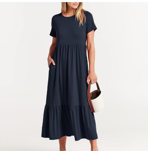 Classy Round Neck Ruched Bodice Solid Flowy A-Line Long Dress