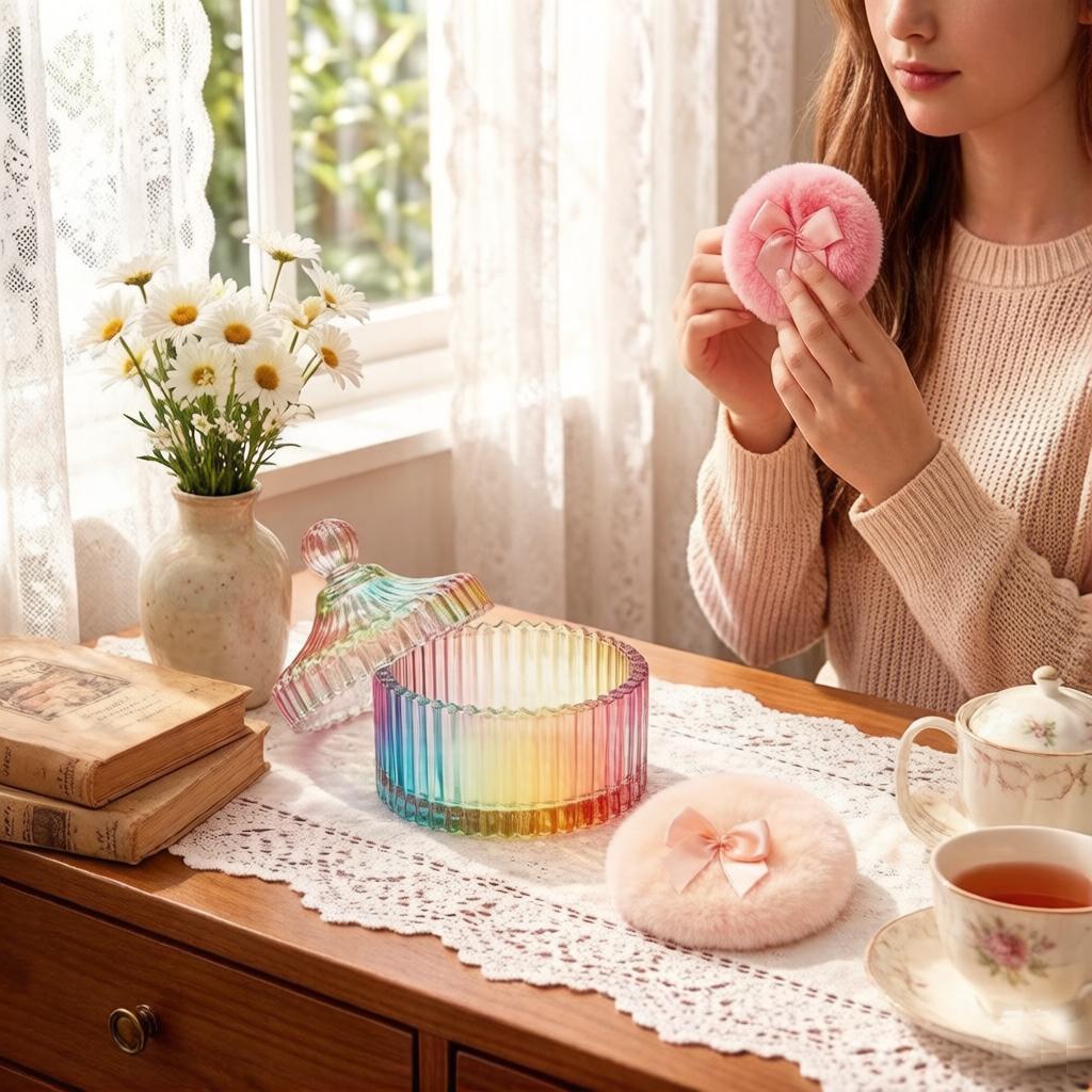 1 2 Body Powder Suction Cups 1 Glass Container Dry Cosmetic Powder Applicator with Dust Proof Cover Amber Iridescent Party Gift