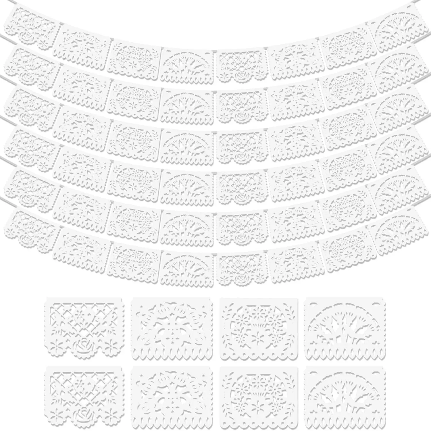 6Pack White Papel Picado Banner, Cinco De Mayo Mexican Banner Wedding Decoration 5 De Mayo Mexican Themed Mexico Birthday Decor Supplies -4 Patterns/90Ft