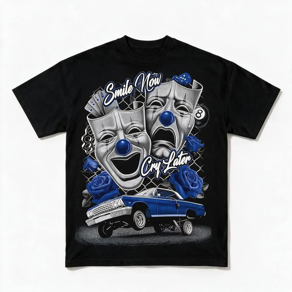 Men's Smile Now Cry Later Graphic T‑Shirts, Chicano Art Clown Mask Blue Rose Lowrider Car Print Short Sleeve Tee, Retro Streetwear Crewneck Cotton T‑Shirt for Men Casual Outfit