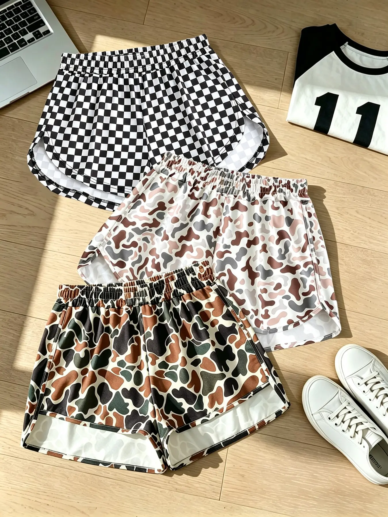 3-Pack Y2K Street Style Women's Casual Shorts, Vintage Camo Plaid Print Elastic Waist, Ideal for Home Fitness Walking