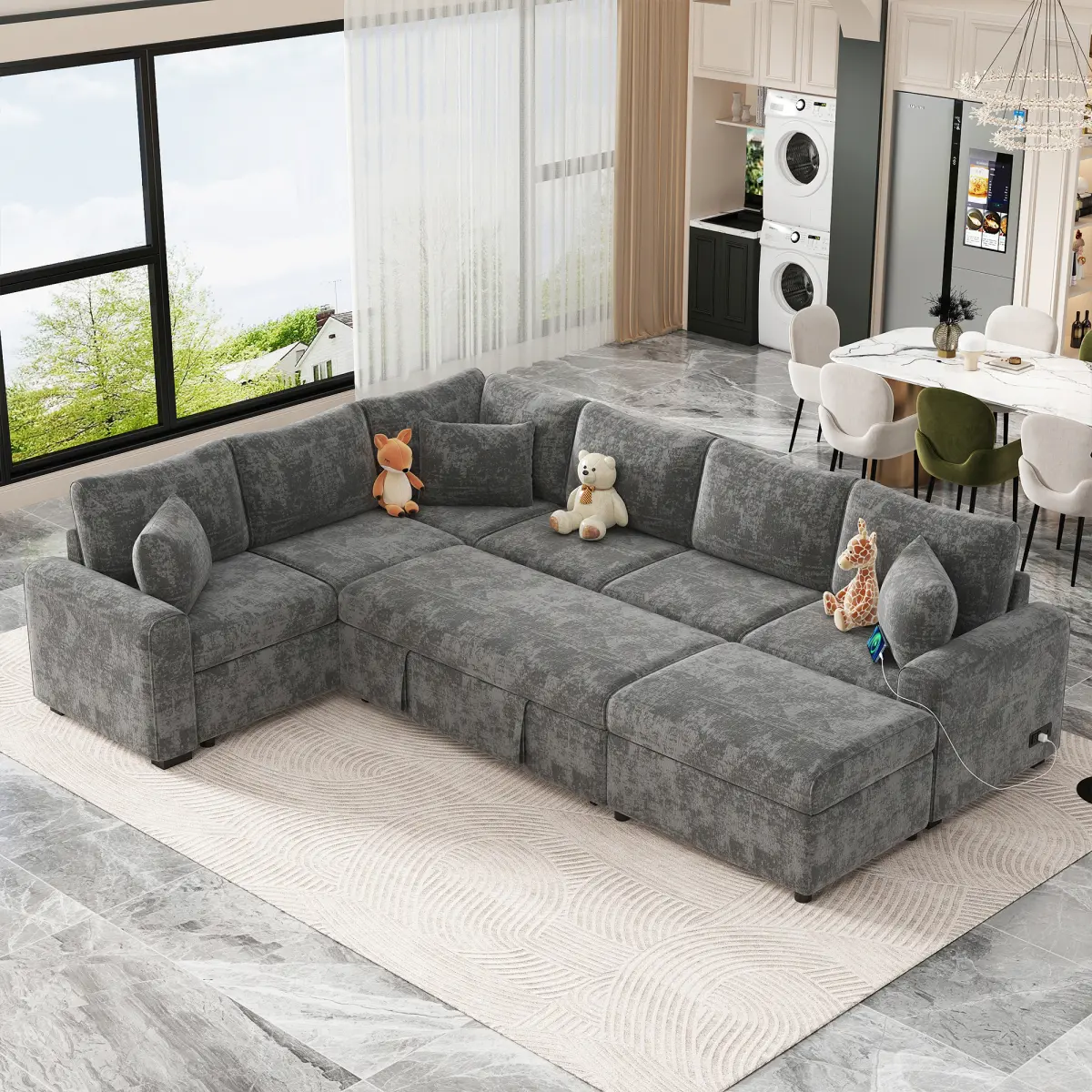 Aobtkel 112.2" Pull-Out Sectional Sofa Bed with Movable Storage Ottoman, Tweed Chenille Sleeper Couch with 2 USB Ports, 2 Power Outlets, 3 Pillows, High-Density Foam and Pocket Springs for Living Room, Apartment and Guest Room