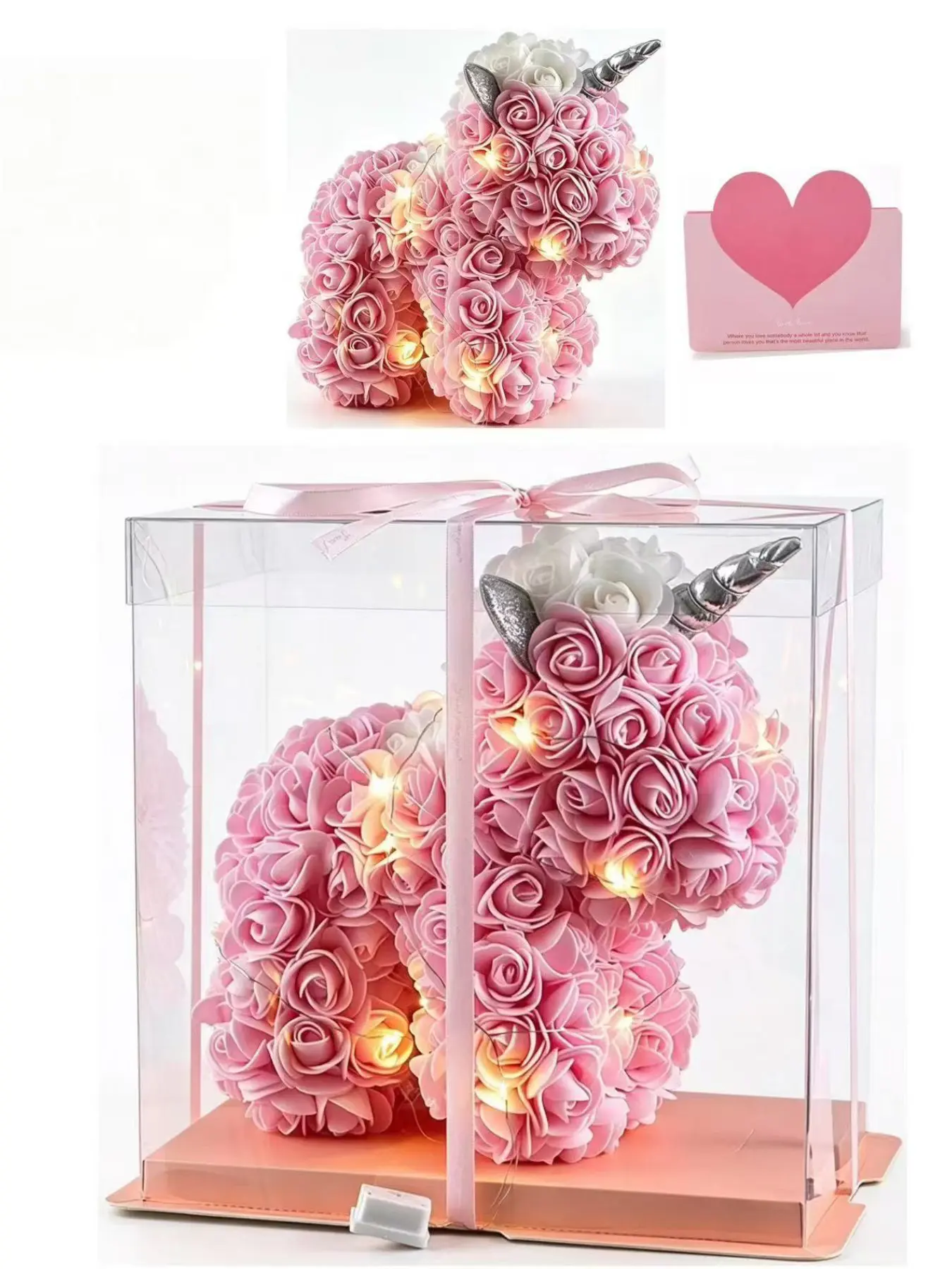 Valentine's Day Creative Unicorn Gift Set, Double Heart Necklace, Eternal Flower Unicorn Box, Unique Present for Girlfriend