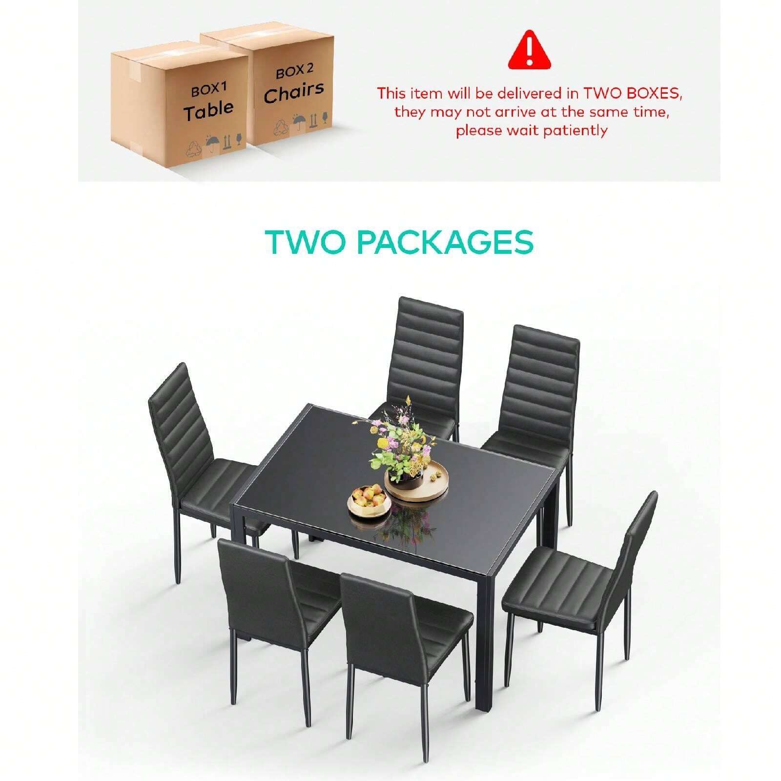 Glass Top Dining Table Set with High Back PU Leather Chairs, Available in 4-Chair & 6-Chair Options, Modern Kitchen & Dining Room Furniture Set, Comfortable Upholstered Chair Set for Living Room Restaurant Home