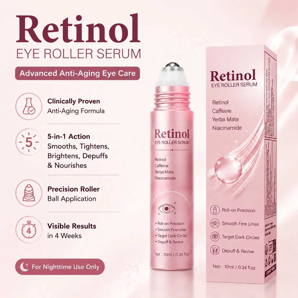 Retinol & Caffeine Under Eye Roller Serum with Cooling Metal Rollerball, Cooling Eye Cream for Puffy Eyes & Dark Circles, Eye Bag Treatment, Anti Aging Wrinkle Remover for Fine Lines, Vegan Skincare, Travel Essentials, 0.34 fl.oz