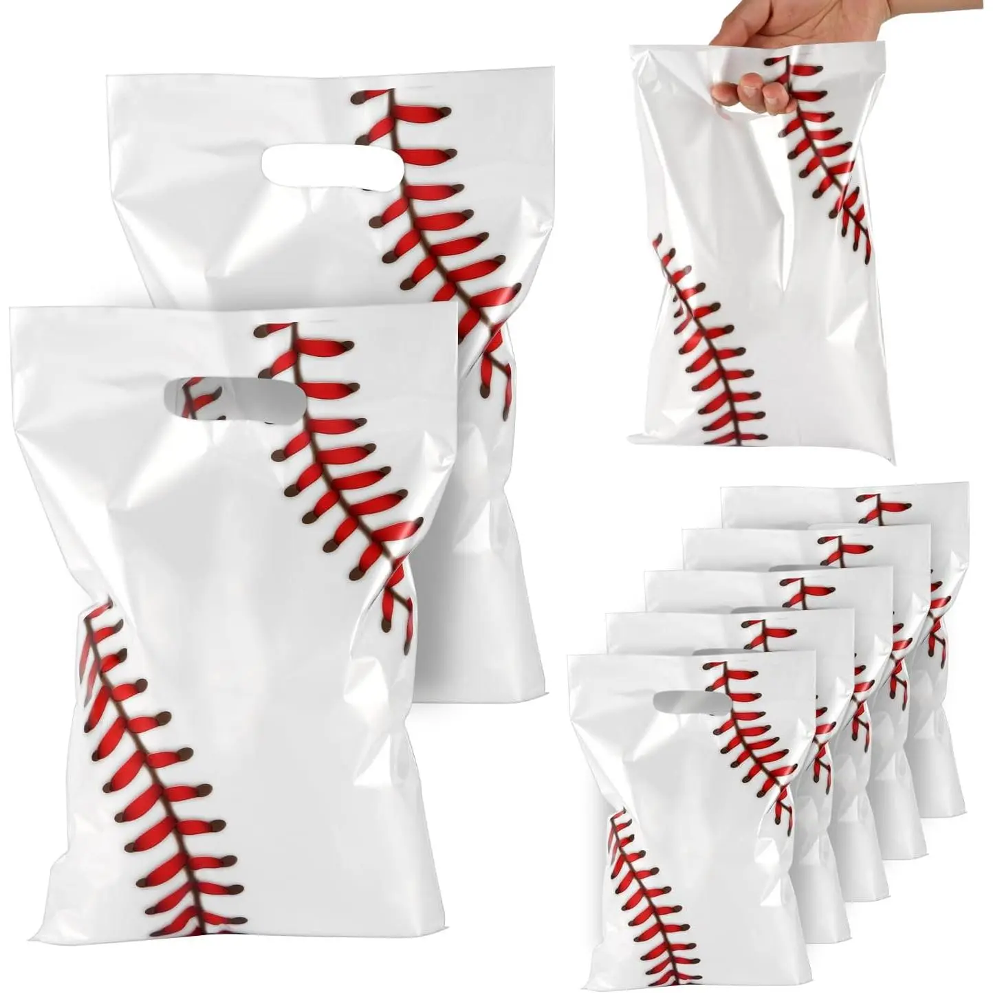 30 count Baseball Party  Bags, Baseball Candy Snack Favor Bags with Handles  Theme Party Decorative Supplies for Birthday Presents Packing (White, Red)