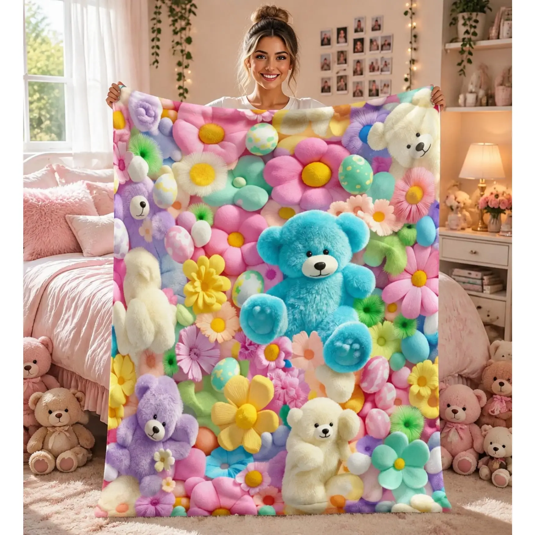 3D Pastel Teddy Bear Floral Flannel Throw Blanket, Kawaii Colorful Plush Bear Print Super Soft Cozy Blanket for Kids Bedroom, All Season Decor Blanket, Trendy Birthday Christmas Holiday Gift TikTok Viral Amazon Must Have