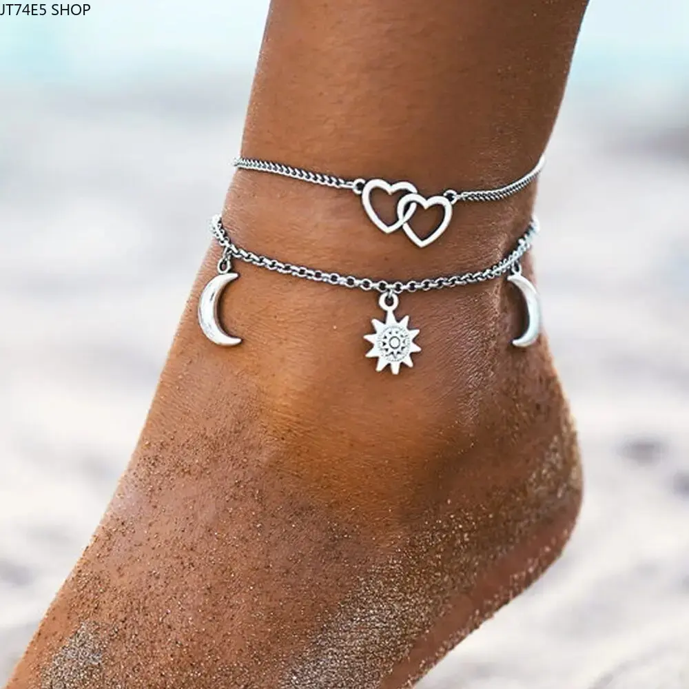 Silver Plated Celestial Anklet for Women with Sun, Moon & Heart Charms, Dainty Boho Coastal Adjustable Jewelry, Heartfelt Exquisite Gift