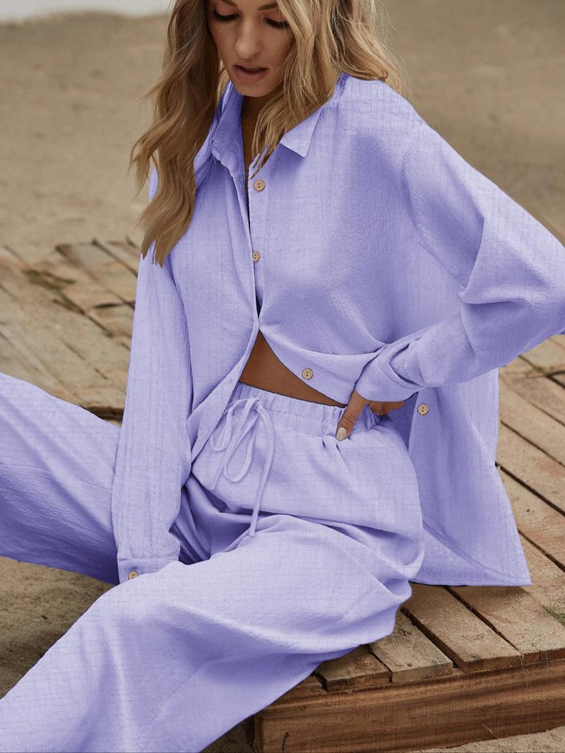 Two-piece Set Women's Solid Color Button Front Shirt & Wide Leg Pants, Casual Comfy Set for Daily Wear, Ladies Clothes for All Seasons, Casual Lounge Set