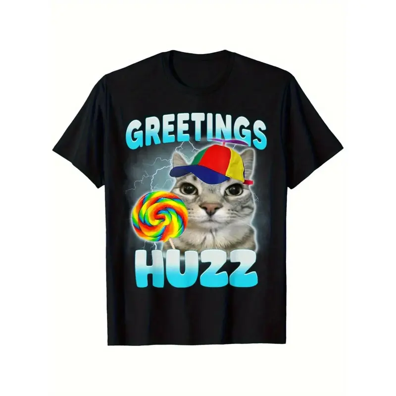 Men's Cotton Short-Sleeve Classic Menswear T-Shirt with Collar, Playful "Where The Huzz At" Cat Meme Design, Comfy Streetwear Basic Tee for Cat Lovers