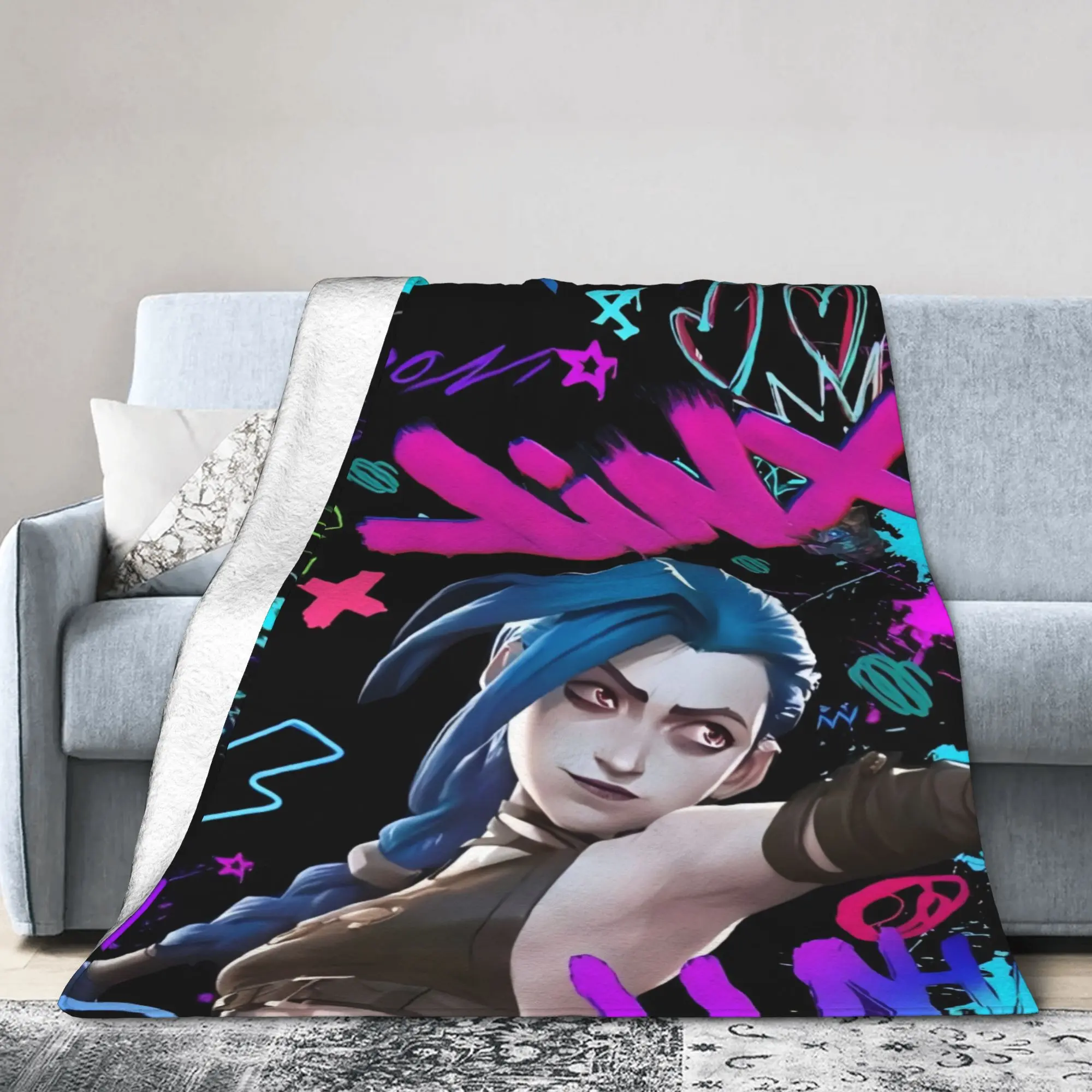 Arcane Jinx Character Portrait Colorful Graffiti Art Print Flannel Blanket All Season Cozy Travel Blanket, Perfect Birthday Gift For Arcane & LoL Fans