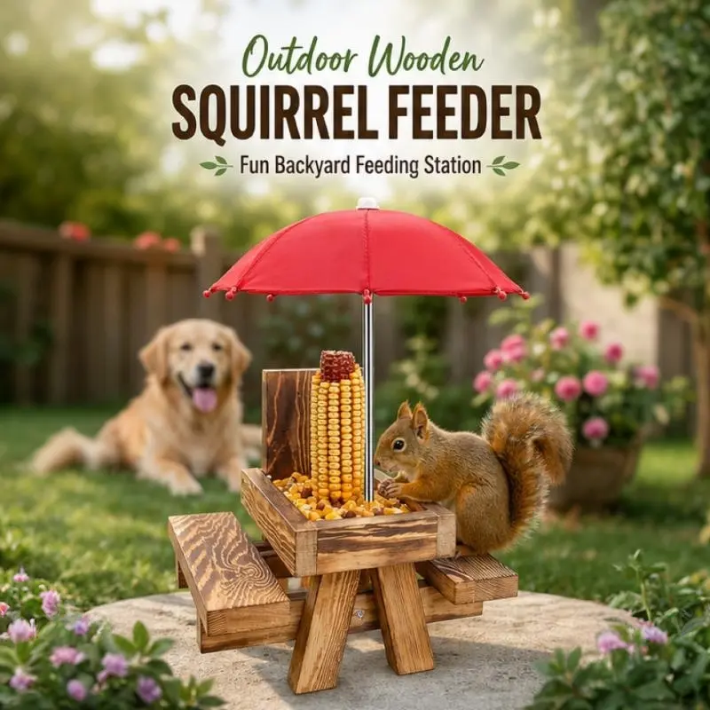 Outdoor wooden squirrel feeder for corn kernels, pine nuts, and other nuts, outdoor food rack, wooden craft decoration, Wildlife