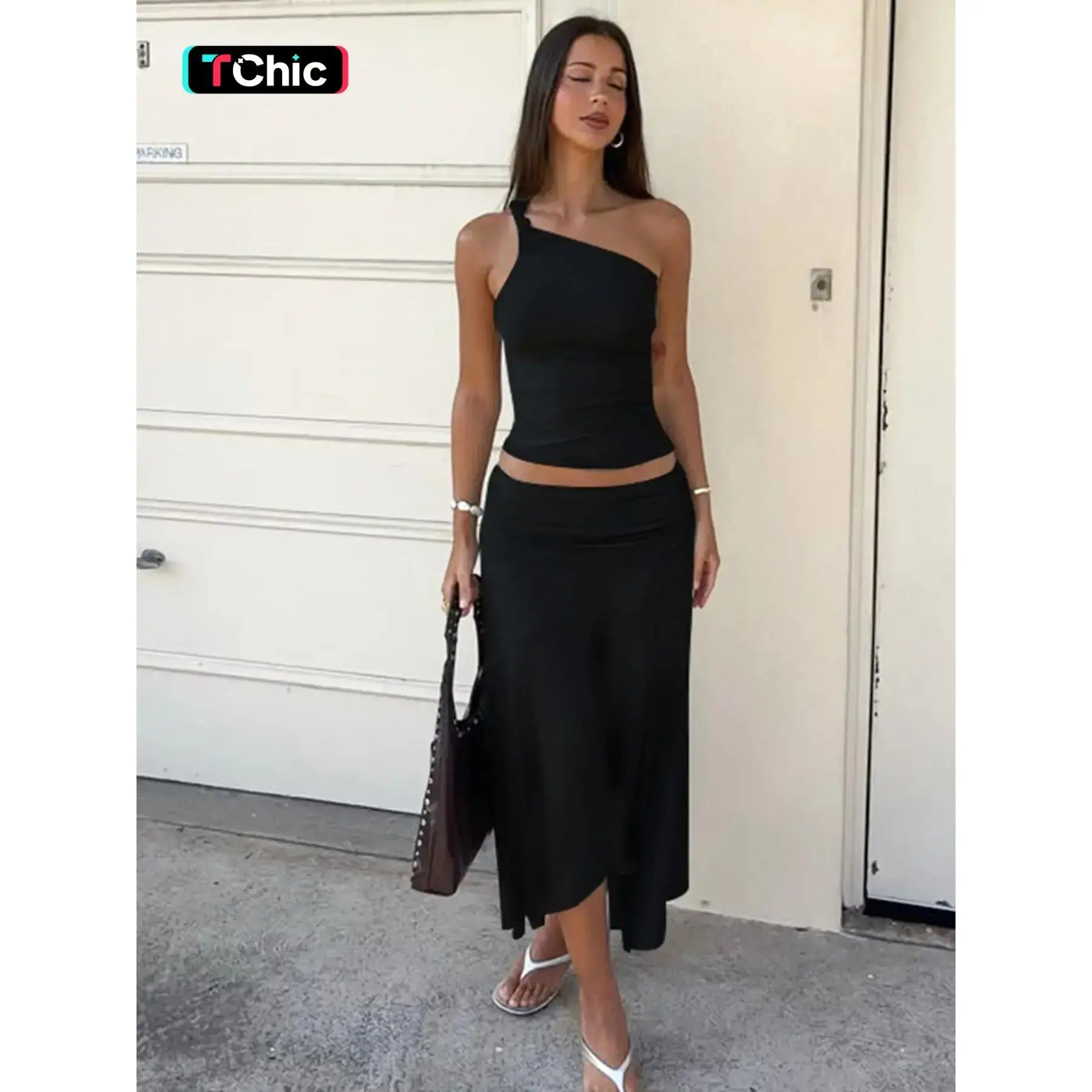 Two-piece Women's Solid Color One Shoulder Knotted Sleeveless Tank Top & Ruched Irregular Hem Skirt Beach Outfits Set, Casual Chic Skirt Outfits Daily & Outdoor Wear, Ladies Clothes