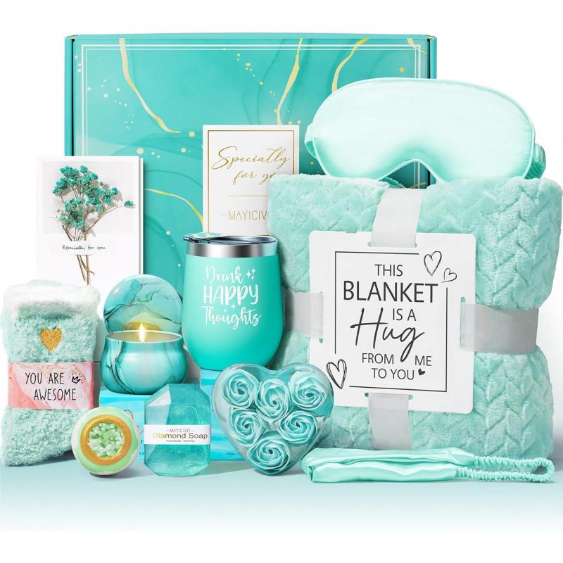 Birthday Gifts for Women Self Care Gifts Get Well Soon Gifts, Ocean Relaxing Spa Gifts Basket Care Package w/ Luxury Flannel Blanket, Christmas Gifts Idea for Mom Her Friends Sister Wife