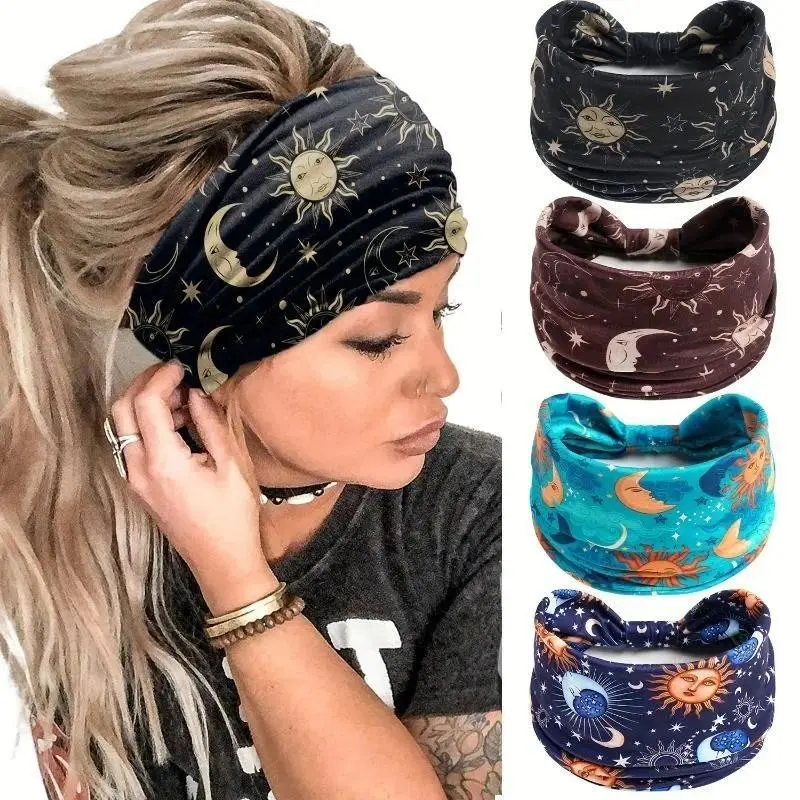Wide Headband for Women, Boho Celestial Print Resin Cloth, Anti-Slip Elastic Hair Band, 1 Size, One Size, Elastic Bands
