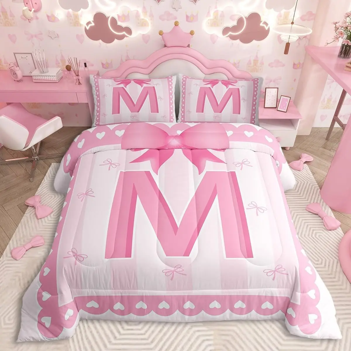 3pcs Cute Bow Children Bedding Set, Multi-Size Ribbon Bow Bed Linen Set, Soft Breathable Polyester Fiber, Kids Bedroom Decor