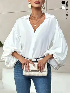 Women's Casual Versatile V-Neck Puff Shirt，Long Sleeves Solid Color Blouse , Stylish and Comfortable, Perfect for Daily Wear, Ladies Fashion Essential