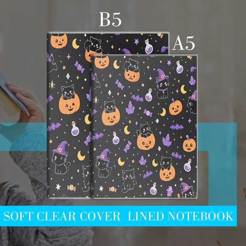 Whimsical Halloween - Themed Notebook, Double - sided Print with Cute Witch Hats, Black Cats, Smiling Orange Pumpkins, Purple Moons, Bats, Potion Bottles & Colorful Candies. Multiple Specs, Ideal for Office Notes & Casual Diary Keeping