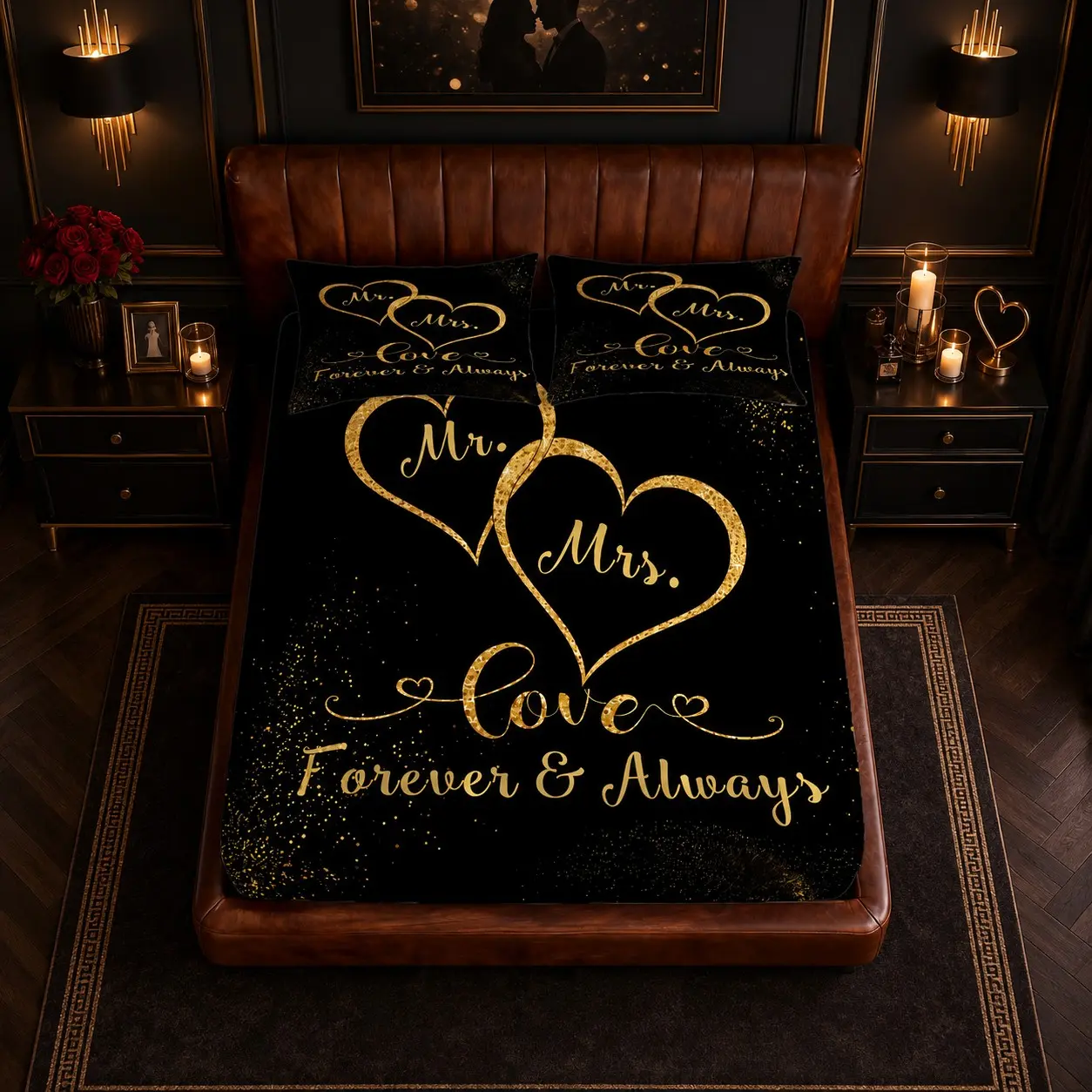 3 Pieces Fitted Sheet Bedding Set, Black Gold Glitter Mr & Mrs Heart Forever Wedding Fitted Sheet, Includes 1 Fitted Sheet + 2 Pillowcases, No Inserts Included, Ideal Bedroom Decor for Couples and Newlyweds, Premium Wedding Gift Choice