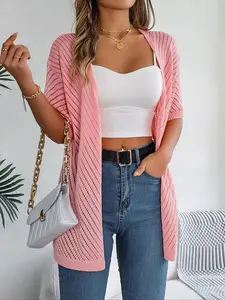 Women's Plain Hollow Out Half Sleeve Cardigan, Casual Open Front Knitwear for Summer, Fashion Women's Knit Clothing for Daily Wear, Summer Outfits 2024
