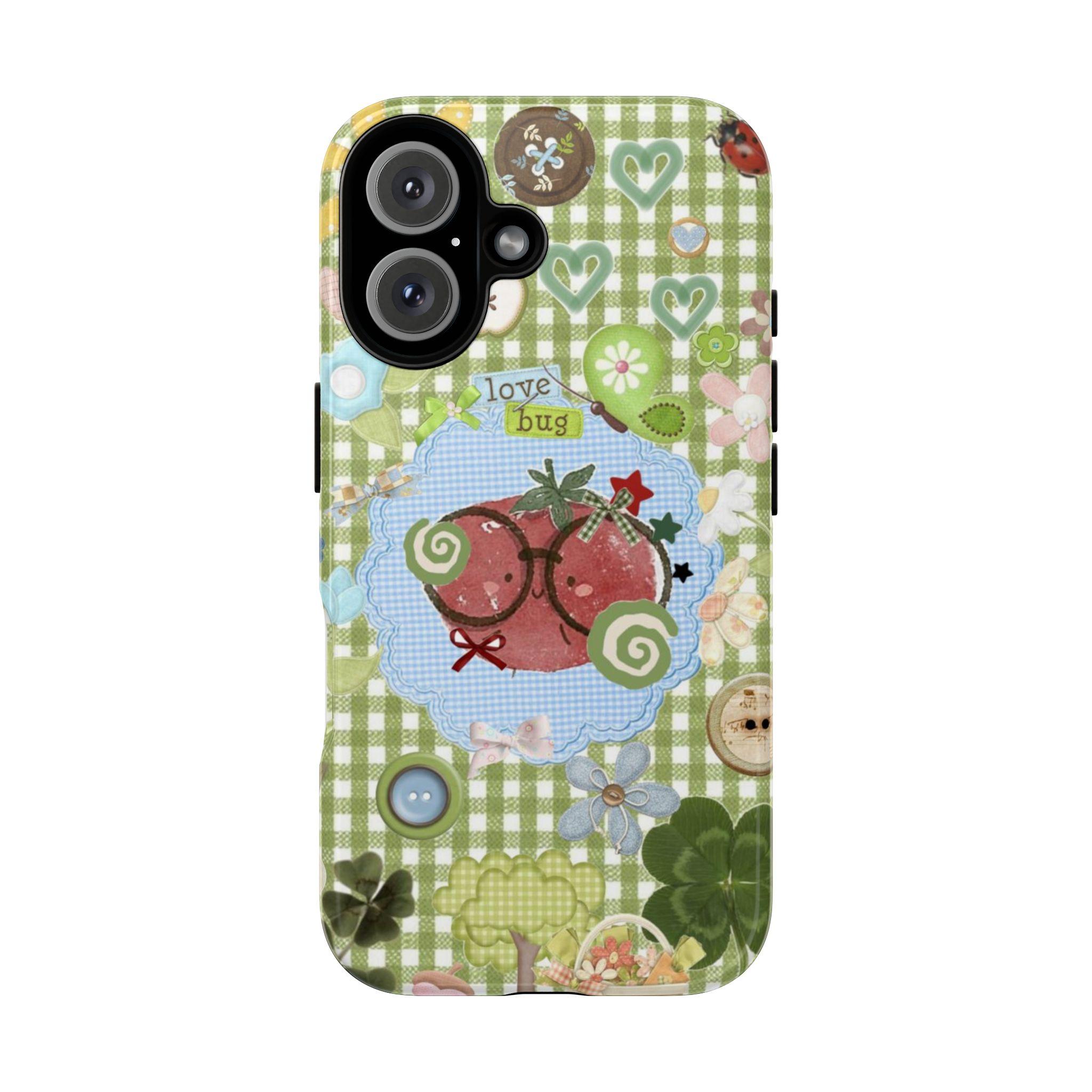 Cute Green Gingham Tough Phone 17 Pro Max Plus Air/16/15/14/13/12/11Case – Patchwork Caterpillar Ladybug Strawberry Aesthetic Protective Cover for Phone