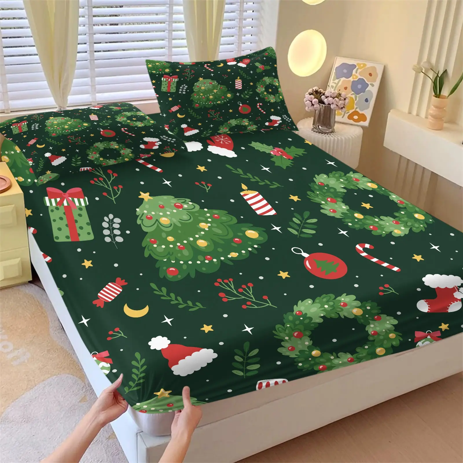 3pcs Dark Green Background Christmas Tree Wreath Gift Fitted Sheet Set, Includes 1 Fitted Sheet + 2 Pillowcases, Skin Friendly Soft Breathable Microfiber, Deep Pocket Anti Slip Bedding, HD Digital Print, Holiday Gift for Christmas Bedroom Decor