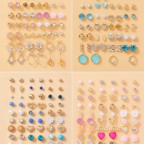 30 Pairs/set Women's Elegant Rhinestone Decorated Stud Earrings, Dainty Earrings, Casual Earrings Set, Fashionable Alphabet Design, Butterfly, Leaf, Rose & Water Drop Shaped Stud Earrings, Daily & Party Accessories