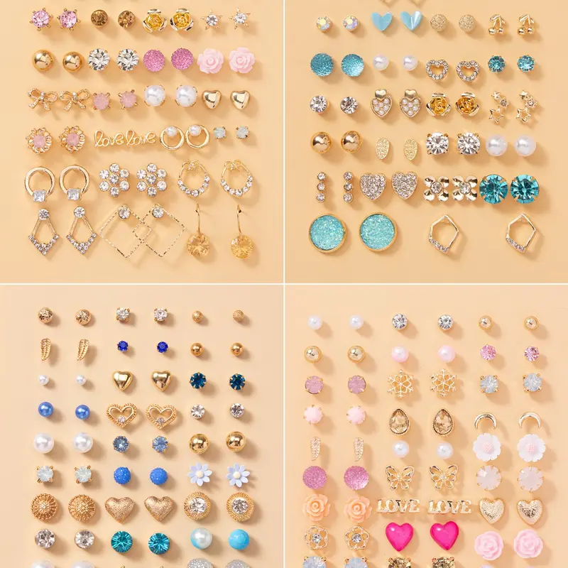 30 Pairs/set Women's Elegant Rhinestone Decorated Stud Earrings, Dainty Earrings, Casual Earrings Set, Fashionable Alphabet Design, Butterfly, Leaf, Rose & Water Drop Shaped Stud Earrings, Daily & Party Accessories