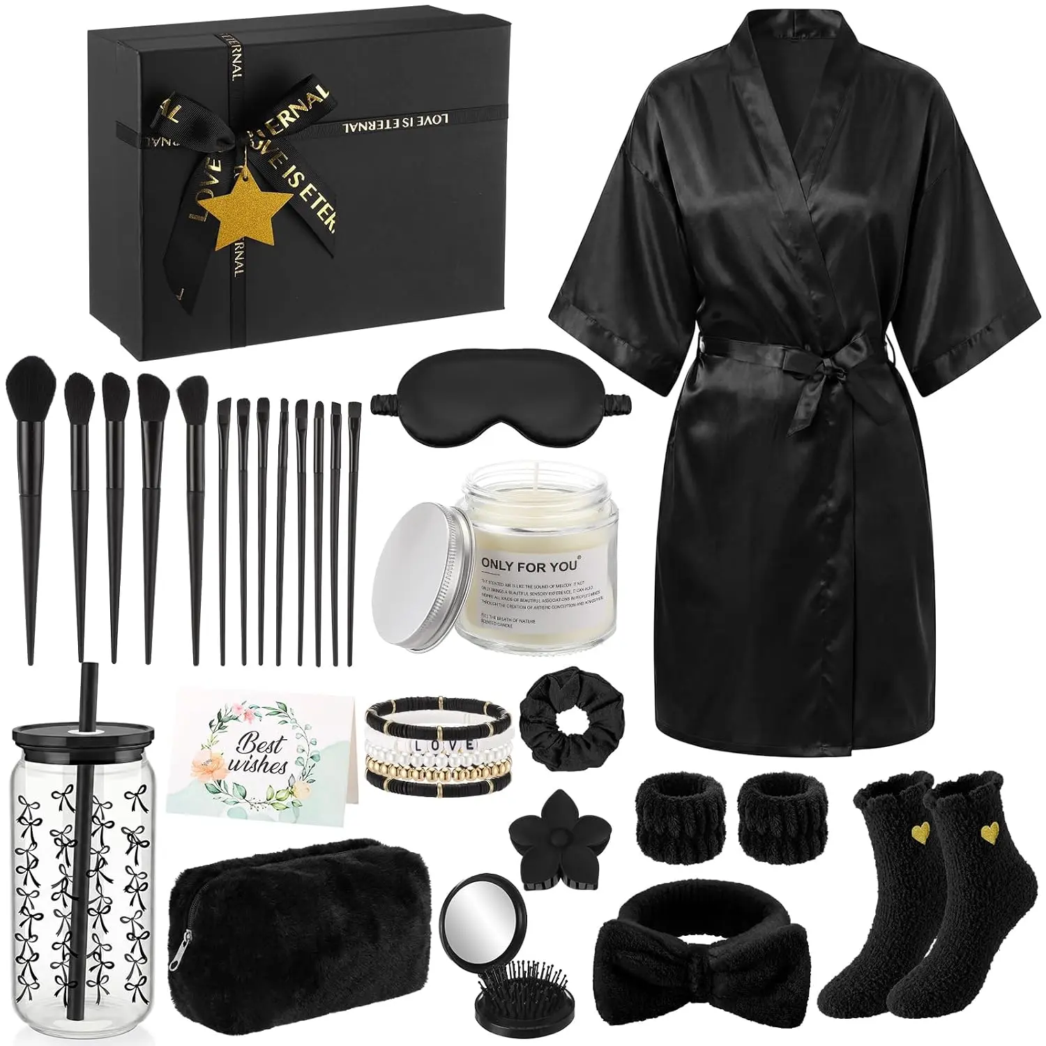 15 count Birthday Gifts for Women Robe Sets for Women  Basket Set Graduation Gifts Bath Robe Make up Brushes Scented Candle  Socks Coffee Cup for Mom Nurse Girlfriend Wife(Black)