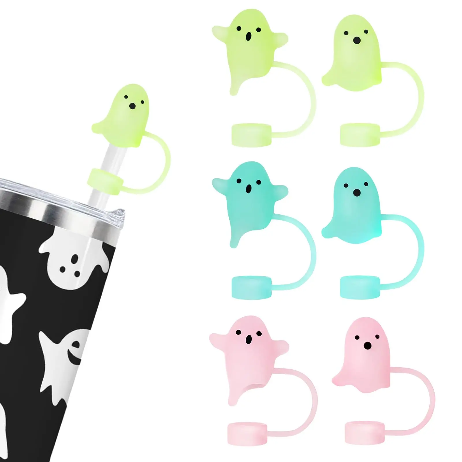 Halloween Ghost Silicone Straw Covers Set, 10mm Glowing Cute Design, Fits Stanley Cups & Glassware, Fun Party Accessories