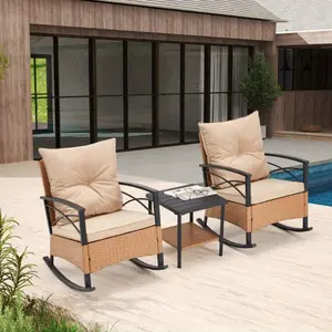 Patio Rattan Rocking Chairs Set of 3, Outdoor Dining Chairs with Cushion and Coffee Table, Patio Rocker Chair Set for Porch and Backyard Beige