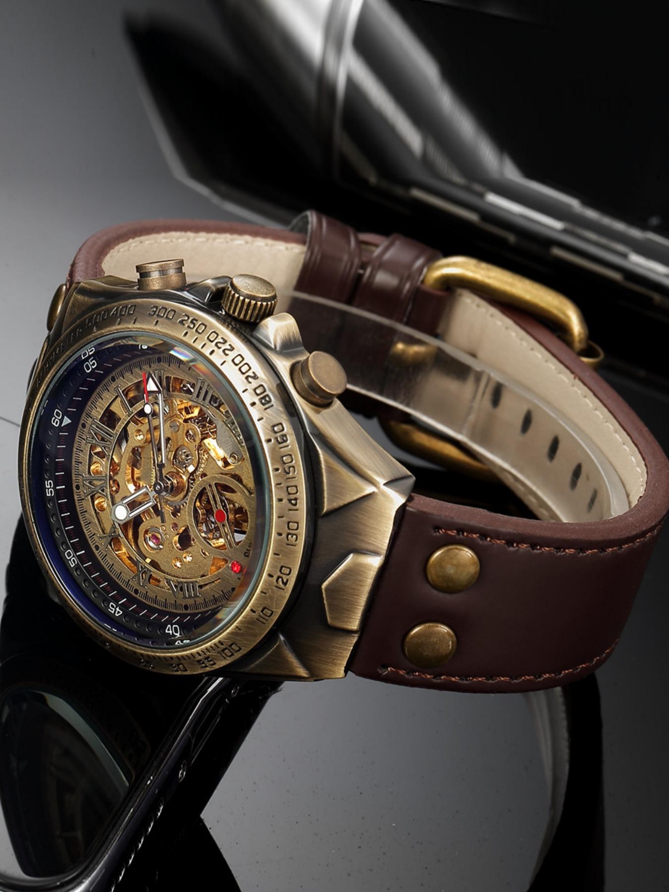 Men's Vintage Mechanical Watch, Fashion Skeleton Automatic Watch for Party, Daily Clothing Decor, Trendy All-match & Exquisite Watch for Gift with Box, Self Winding Watches