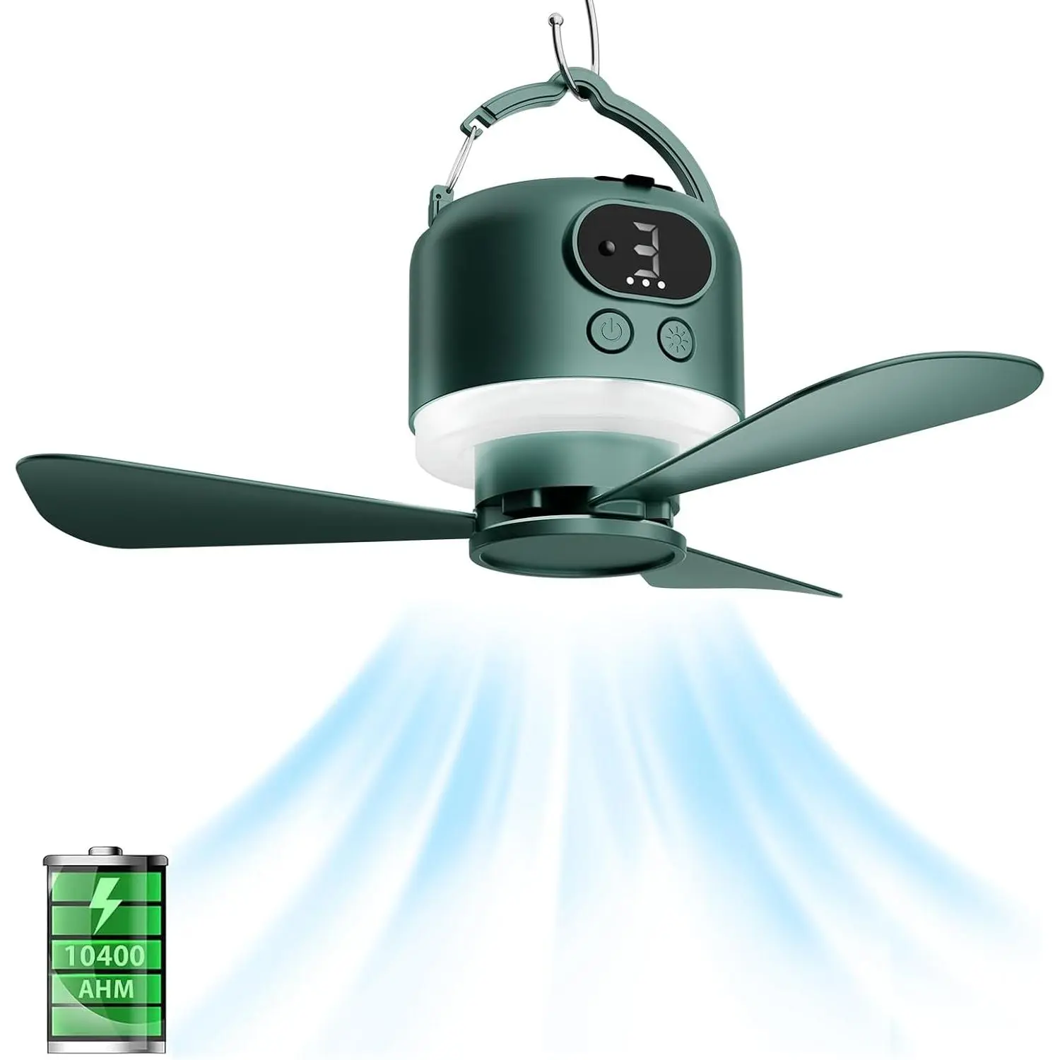 11" Wireless Portable Camping Ceiling Fan with Light and Remote, 10040mAh Battery Operated Tent Fan,Power Bank, USB Rechargeable Hanging Fan, 3-Speed Fan for Camping, RV, Outdoor Use (Green)